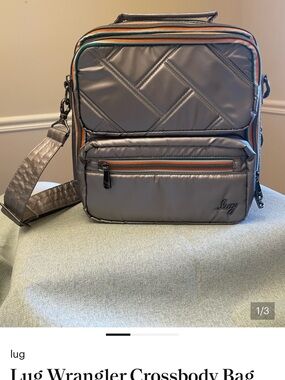 lug Quilted Messenger Crossbody Bag in Gray with Orange Trim